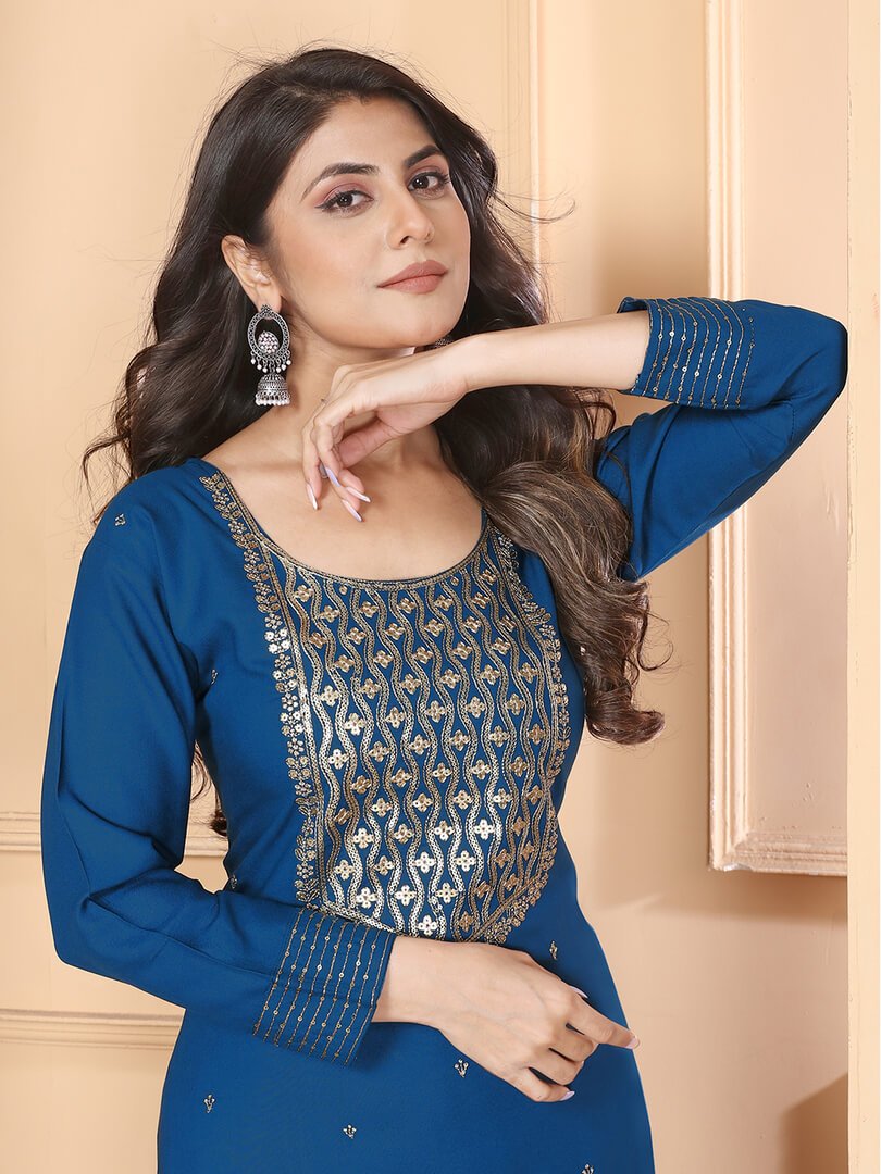 Get Your Glam On with Blue Rayon Embroidered Kurta With Pant And Chiffon Dupatta image 3