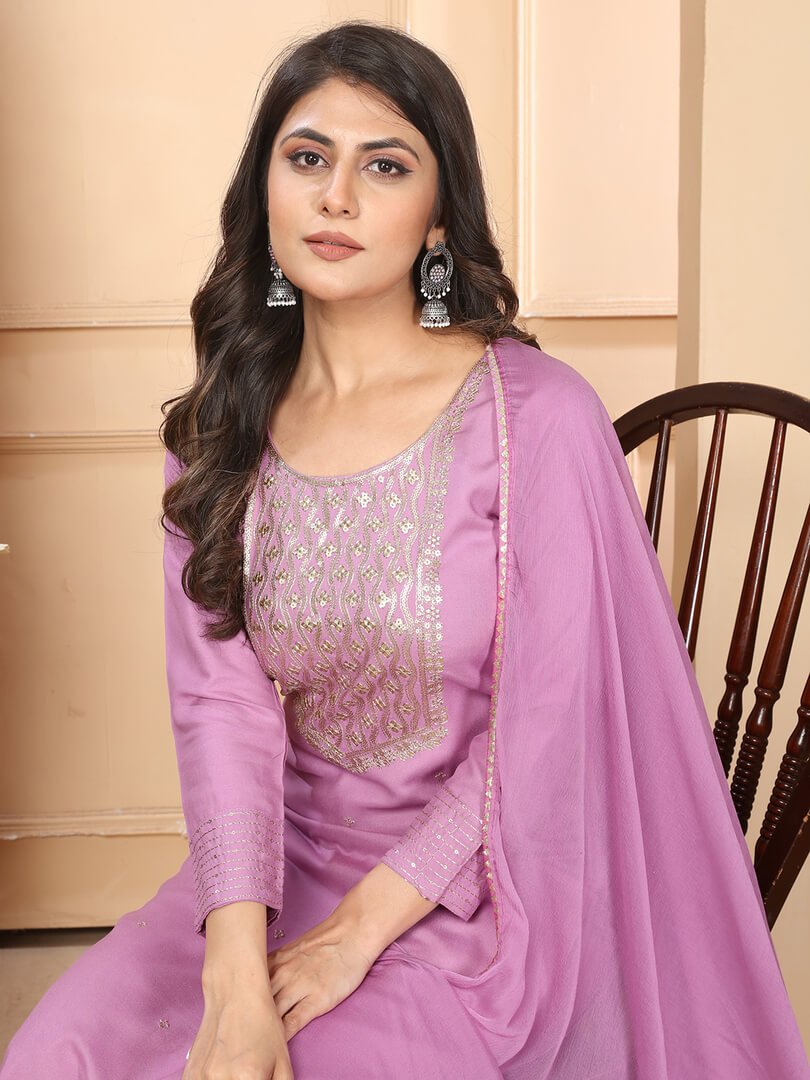 Rock the Glam with Pink Rayon Embroidered Kurta With Pant And Chiffon Dupatta image 2