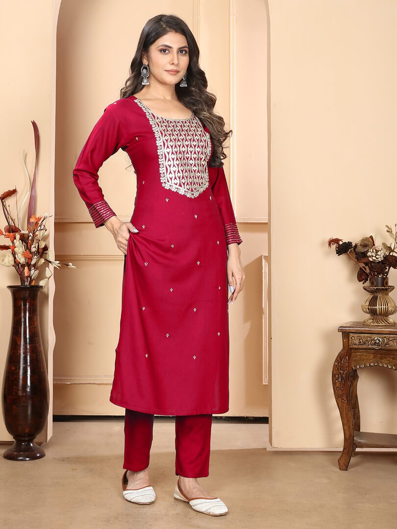 Get Your Glam On with Maroon Rayon Embroidered Kurta With Pant And Chiffon Dupatta image 2