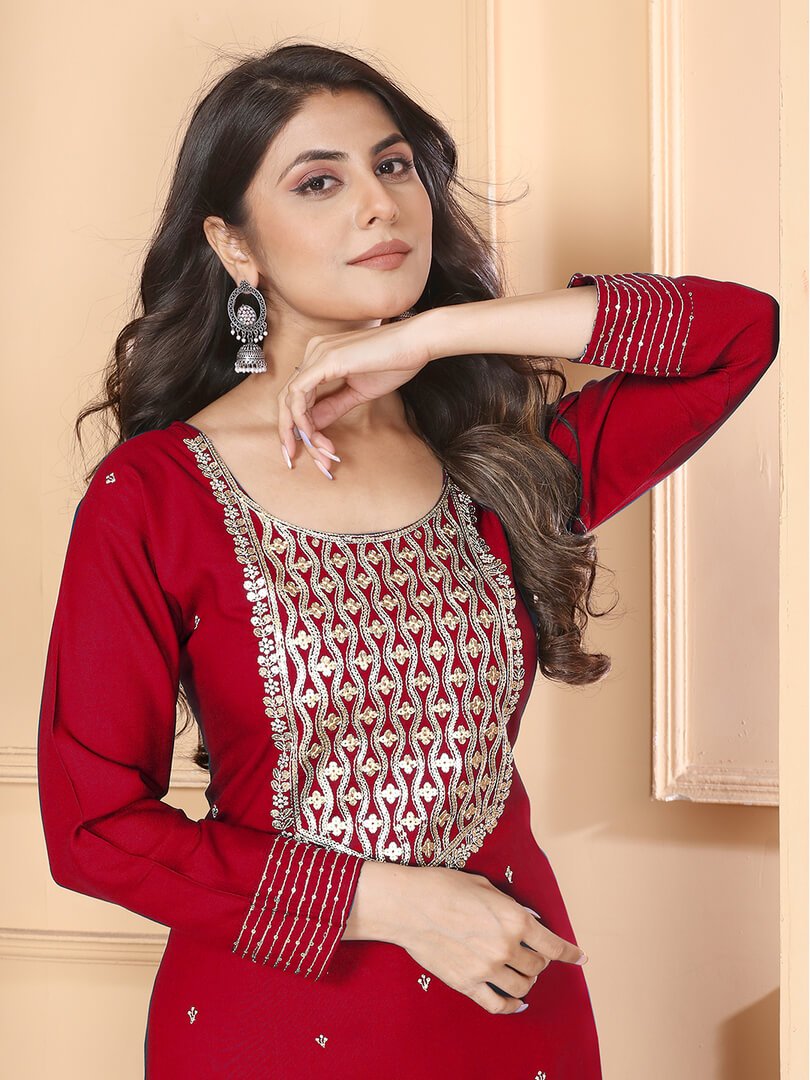 Get Your Glam On with Maroon Rayon Embroidered Kurta With Pant And Chiffon Dupatta image 3
