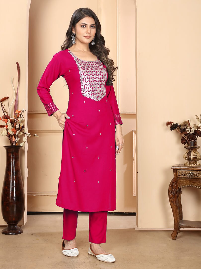 Get Stylish with Rani Pink Rayon Embroidered Kurta With Pant And Chiffon Dupatta image 2