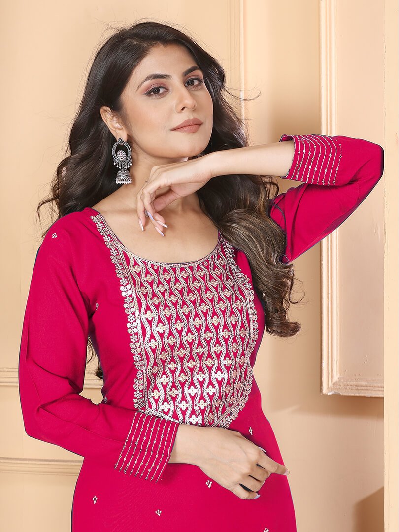 Get Stylish with Rani Pink Rayon Embroidered Kurta With Pant And Chiffon Dupatta image 3