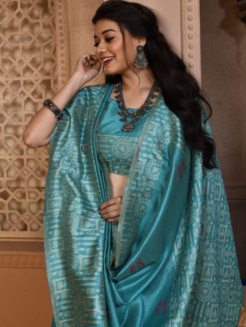 Enhance Your Essence with Turquoise Bangalori Handloom Raw Silk Saree With Border image 2