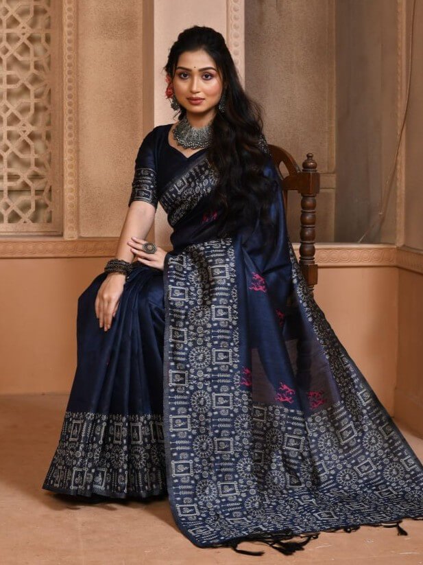 Rock the Glam with Navy Blue Bangalori Handloom Raw Silk Saree With Border image 2