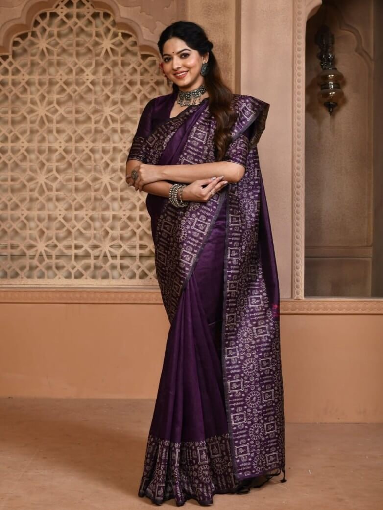 Shimmer and Shine with Dark Purple Bangalori Handloom Raw Silk Saree With Border image 2