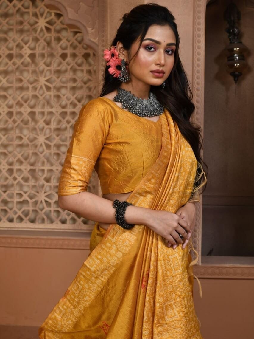 Turn Up the Glam with Golden Yellow Bangalori Handloom Raw Silk Saree With Border image 2