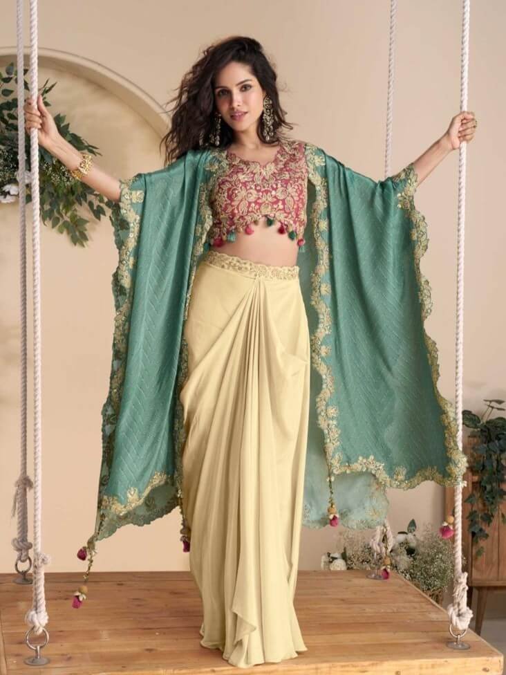 Style It Up with Beige And Pink Chinnon Silk Embroidered Blouse With Shrug And Palazzo image 2
