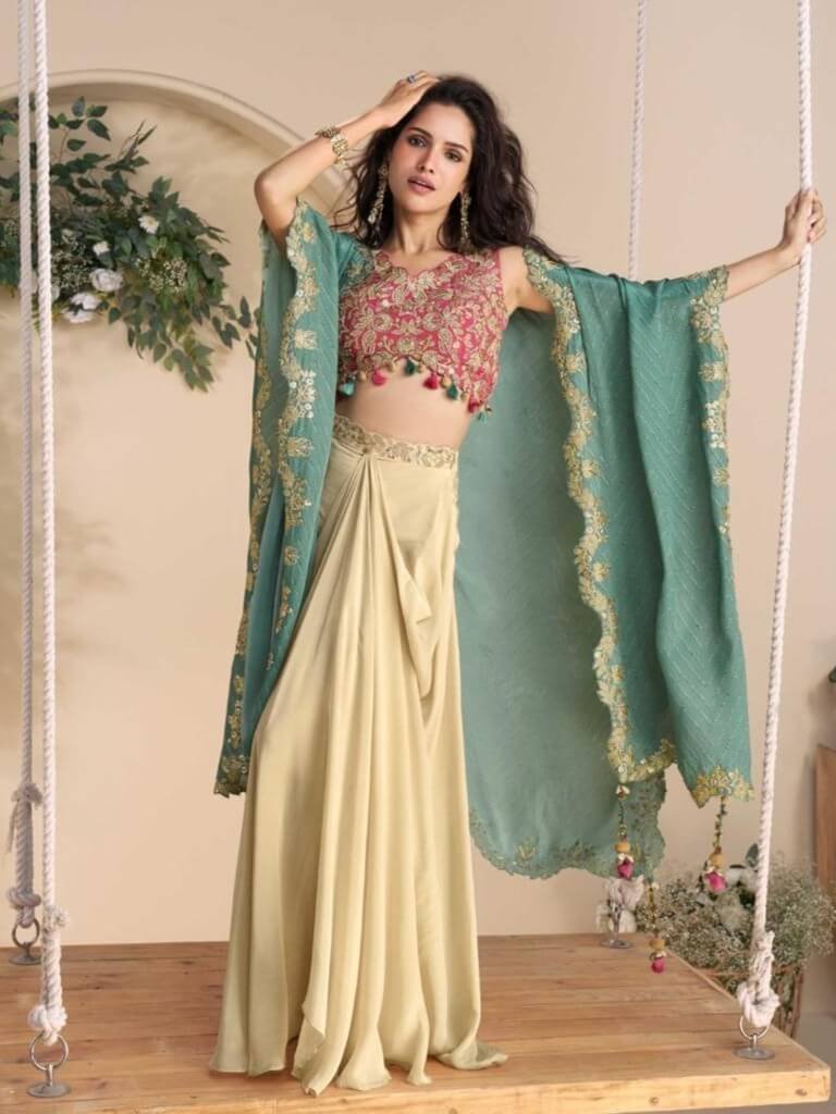 Style It Up with Beige And Pink Chinnon Silk Embroidered Blouse With Shrug And Palazzo