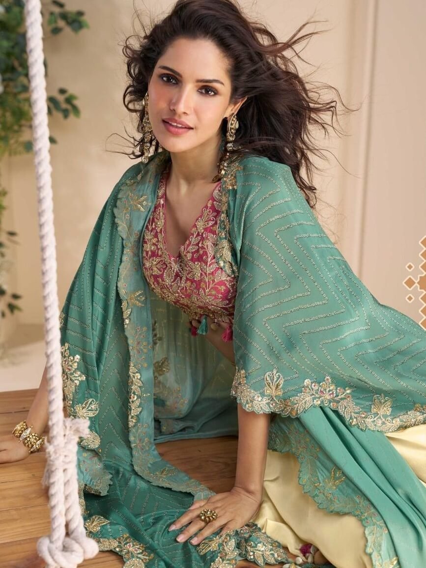 Style It Up with Beige And Pink Chinnon Silk Embroidered Blouse With Shrug And Palazzo image 4