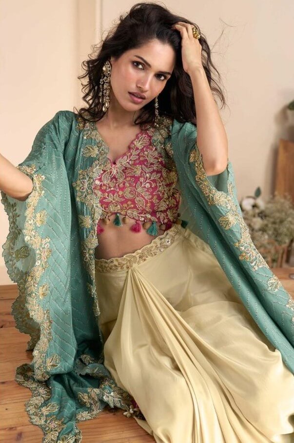 Style It Up with Beige And Pink Chinnon Silk Embroidered Blouse With Shrug And Palazzo image 3