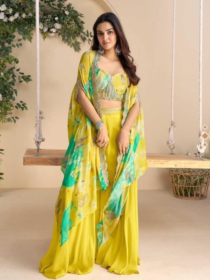 Refine Your Glow with Yellow Chinnon Silk Embroidered Blouse With Shrug And Palazzo