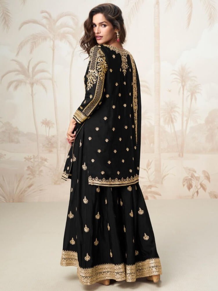 Elevate Your Aura with Chinon Silk Black Zari Work Sharara Suit Set image 2