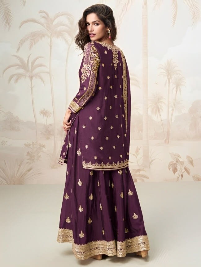 Turn Up the Glam with Chinon Silk Wine Zari Work Sharara Suit Set image 2