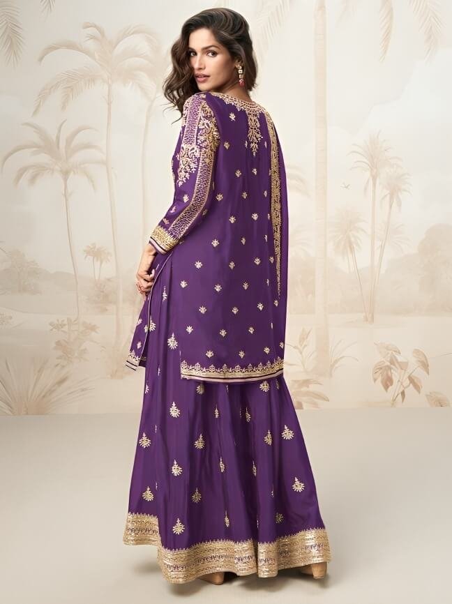 Feel the Glamour with Chinon Silk Dark Purple  Zari Work Sharara Suit Set image 2