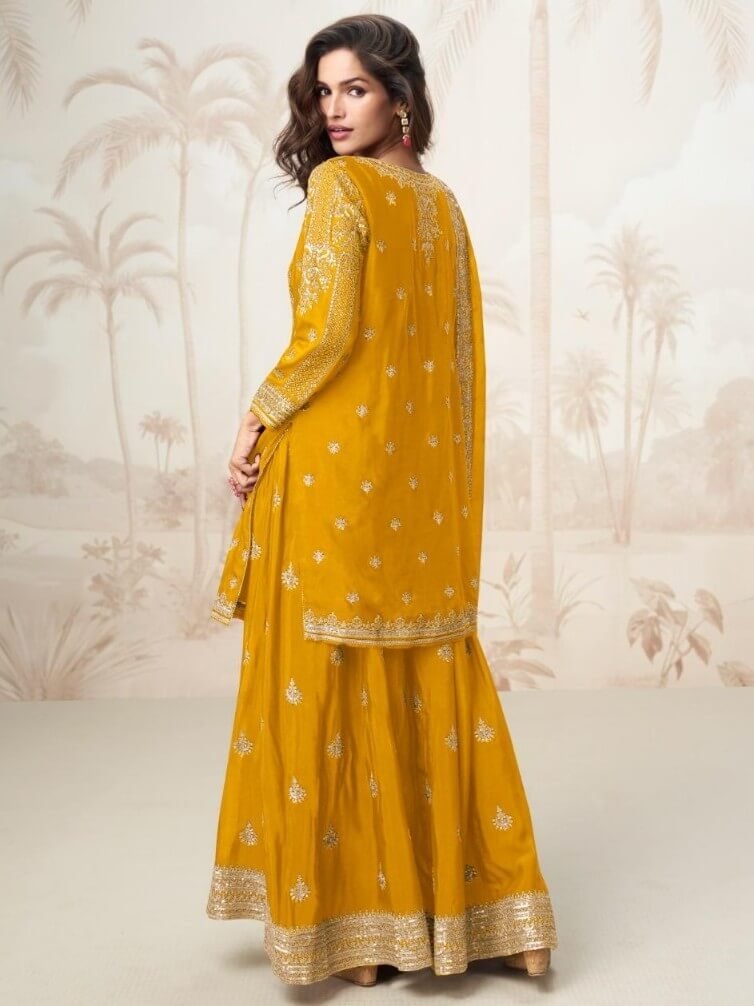 Enhance Your Essence with Chinon Silk Mustard  Zari Work Sharara Suit Set image 2