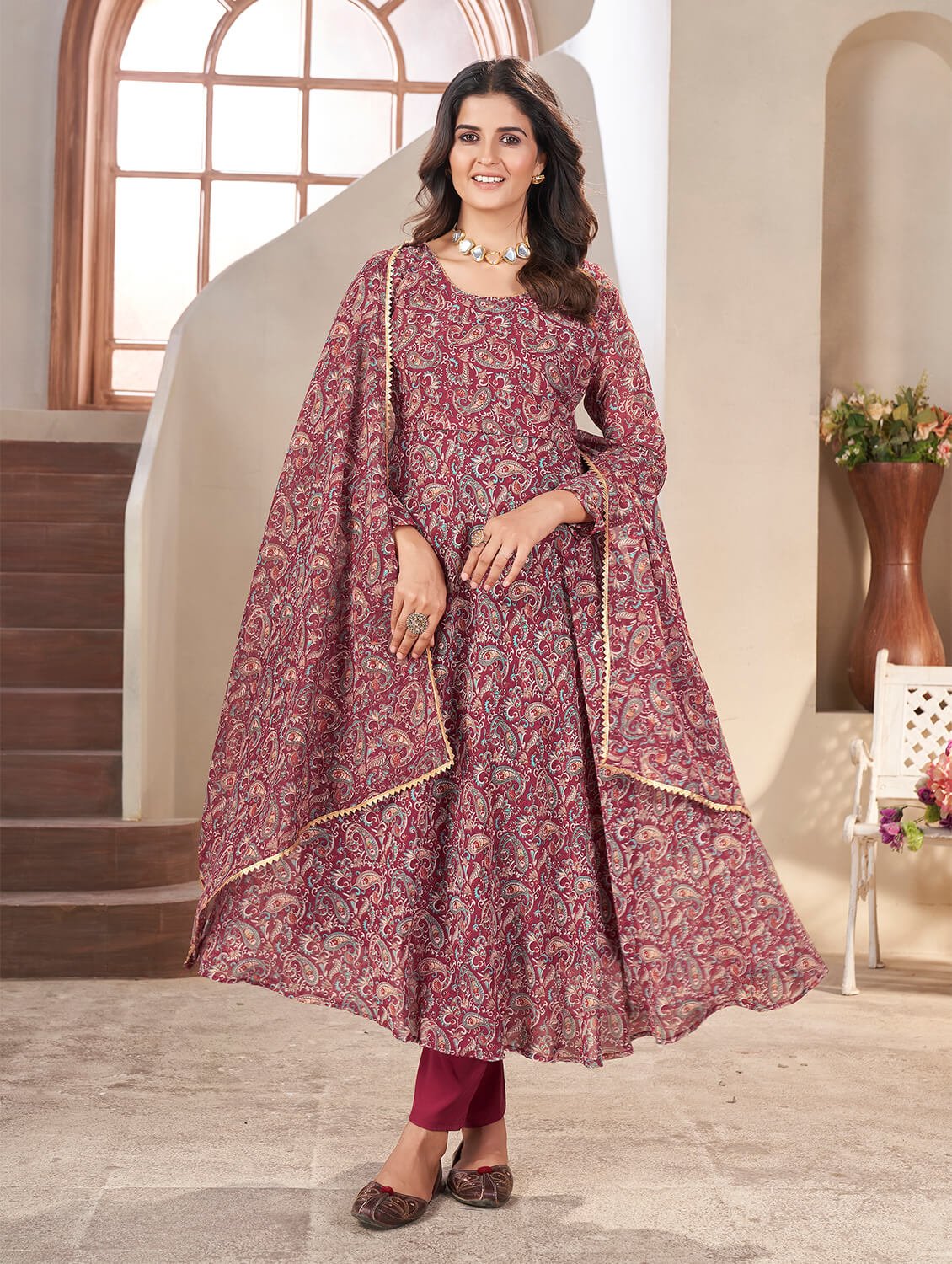 Style It Up with Maroon Georgette Printed Anarkali Suit Set image 3