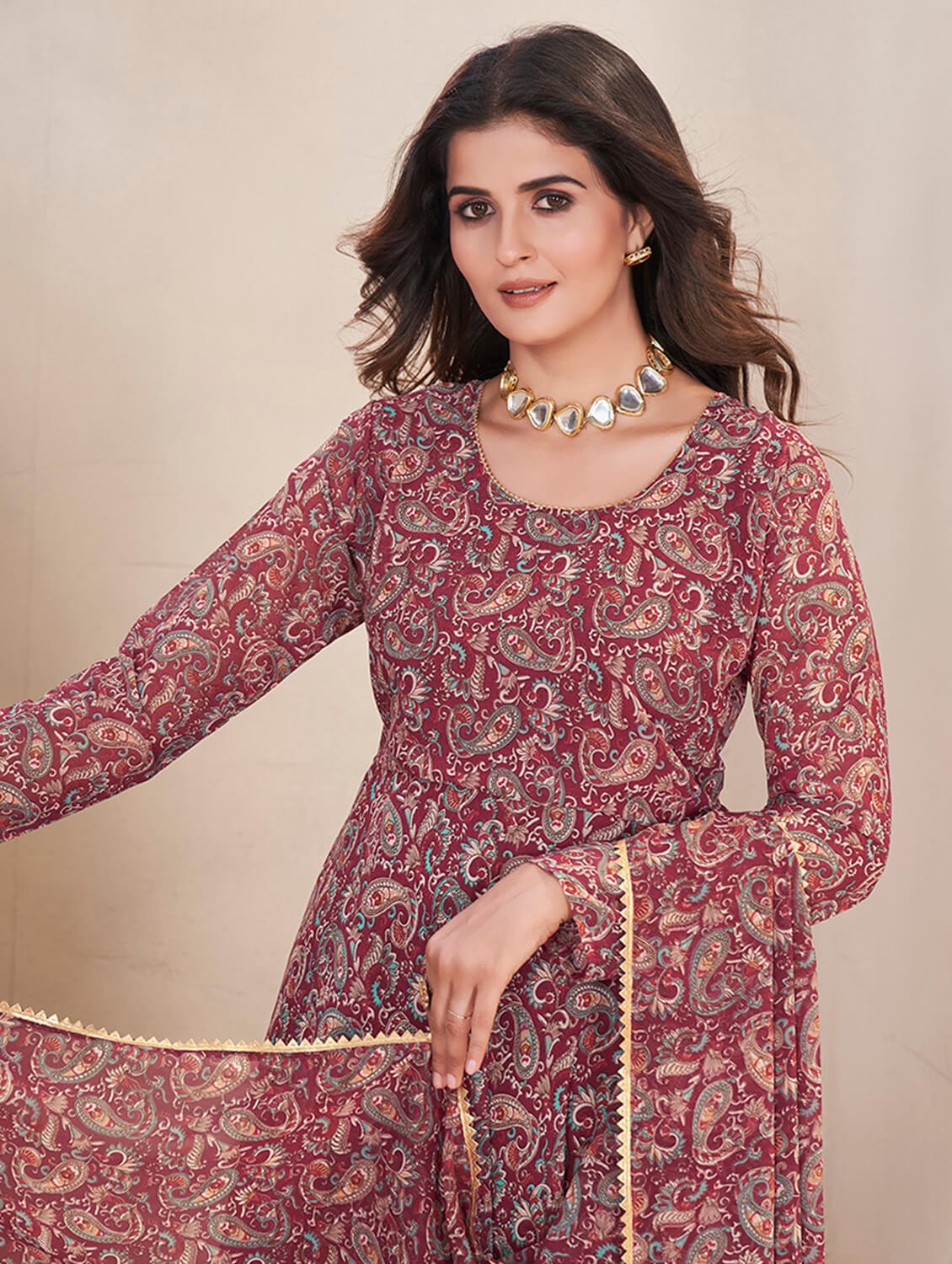 Style It Up with Maroon Georgette Printed Anarkali Suit Set image 6