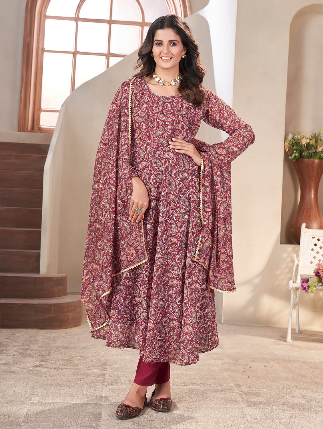 Style It Up with Maroon Georgette Printed Anarkali Suit Set image 2