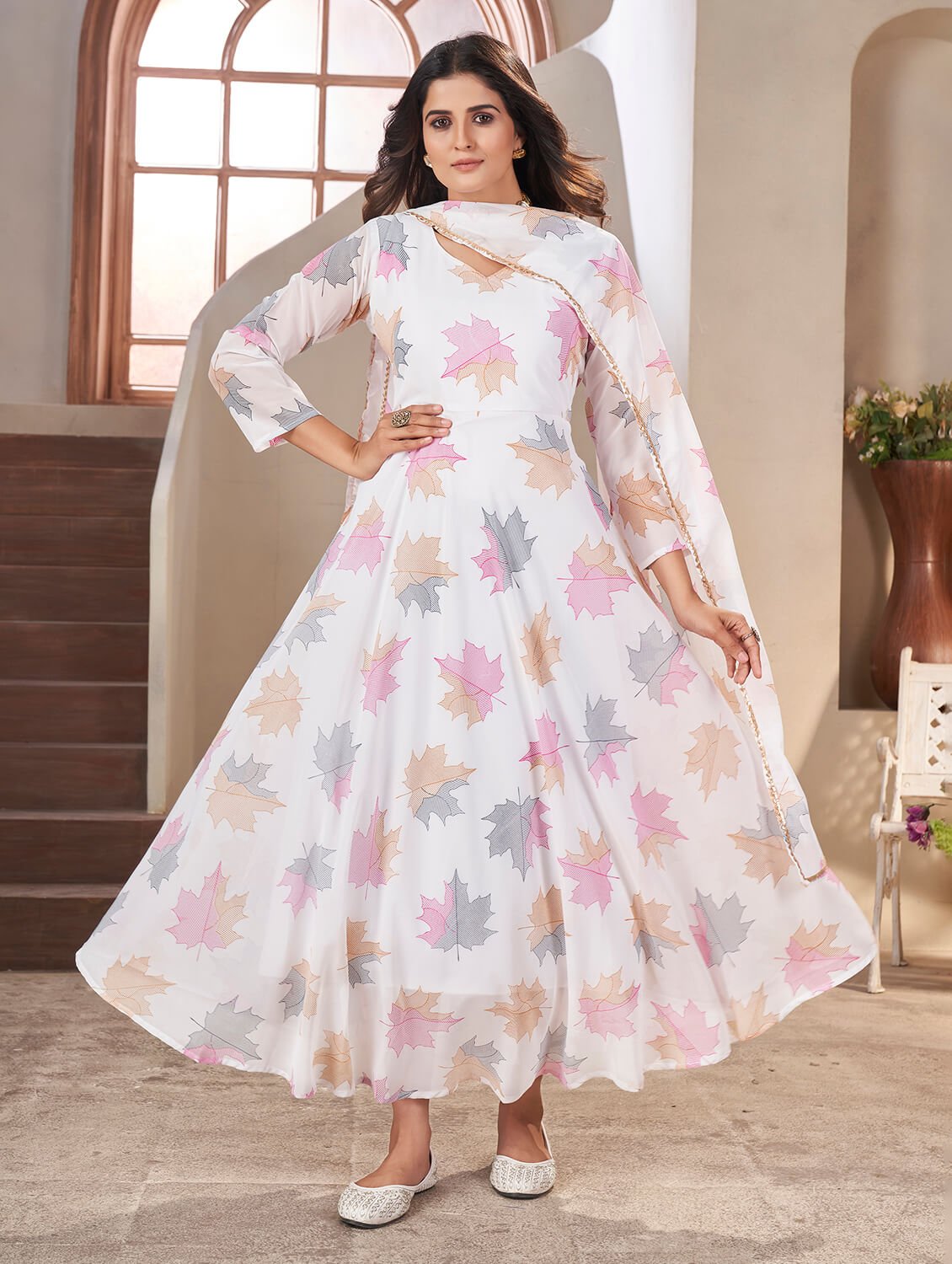 Step Into Elegance with White Georgette Printed Anarkali Suit Set image 2
