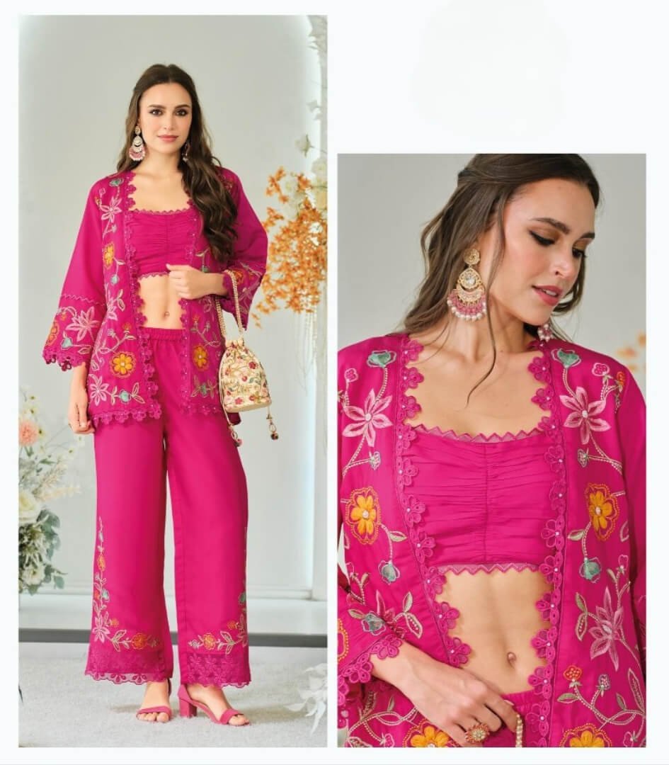 Gild Your Glamour with Rani Pink Organza Embroidered Co-Ord Set image 3