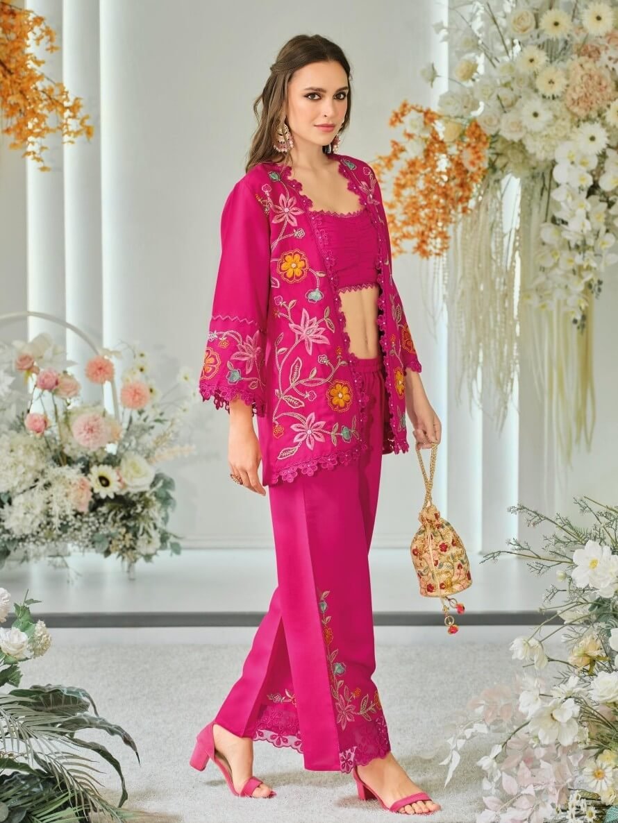 Gild Your Glamour with Rani Pink Organza Embroidered Co-Ord Set image 2