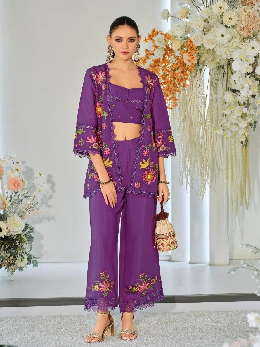 Feel the Glamour with Purple Organza Embroidered Co-Ord Set image 2