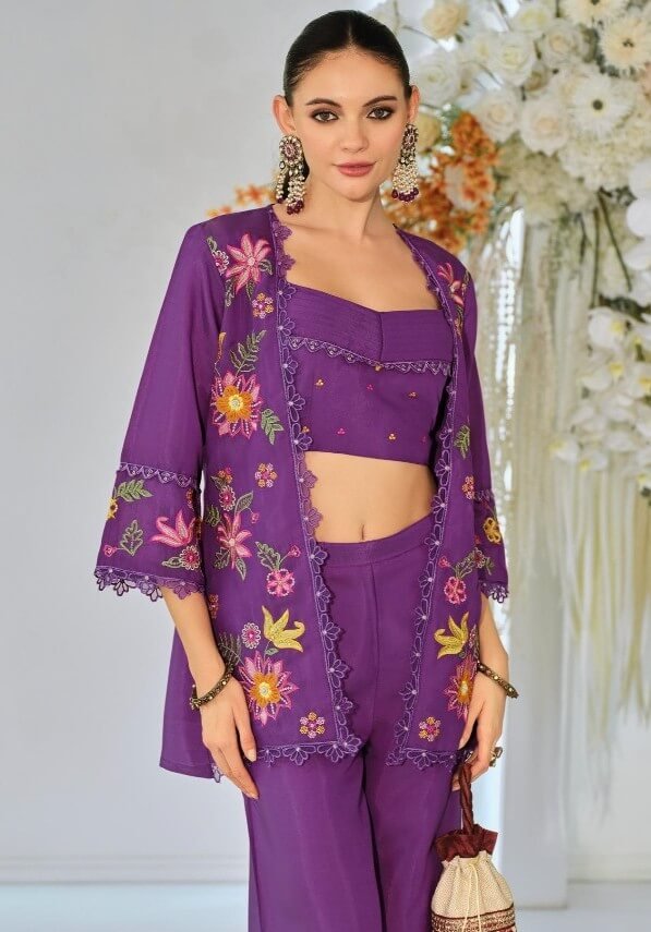 Feel the Glamour with Purple Organza Embroidered Co-Ord Set image 3
