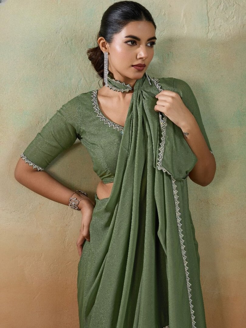Chic and Sleek with Olive Green Georgette Saree With Lace Border image 2