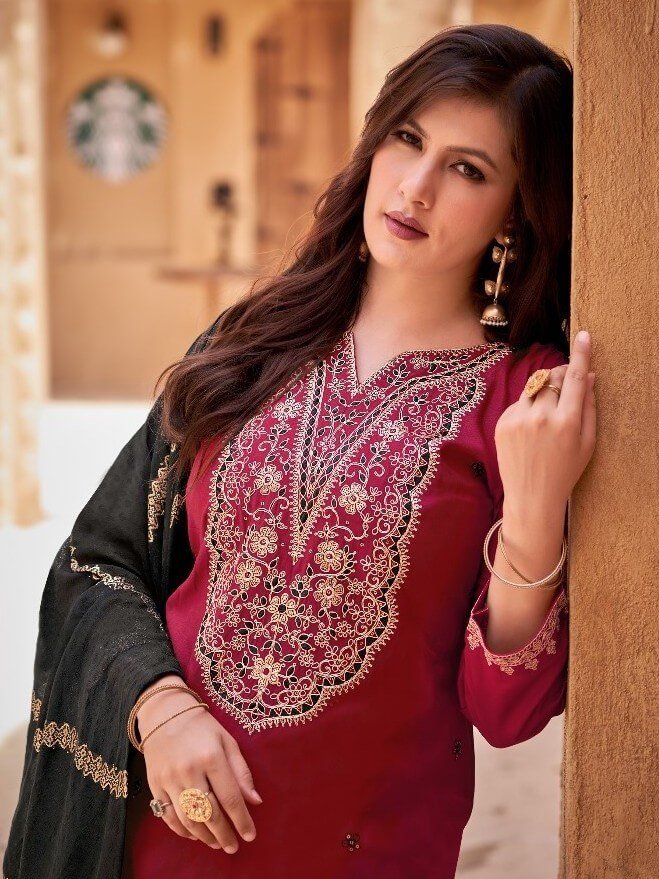 Rock the Glam with Maroon And Black Rayon Embroidered Sharara Kurti Set image 2