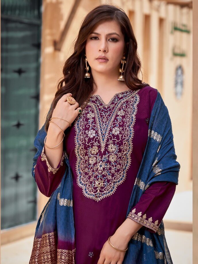 Enhance Your Shine with Wine And Blue Rayon Embroidered Sharara Kurti Set image 2