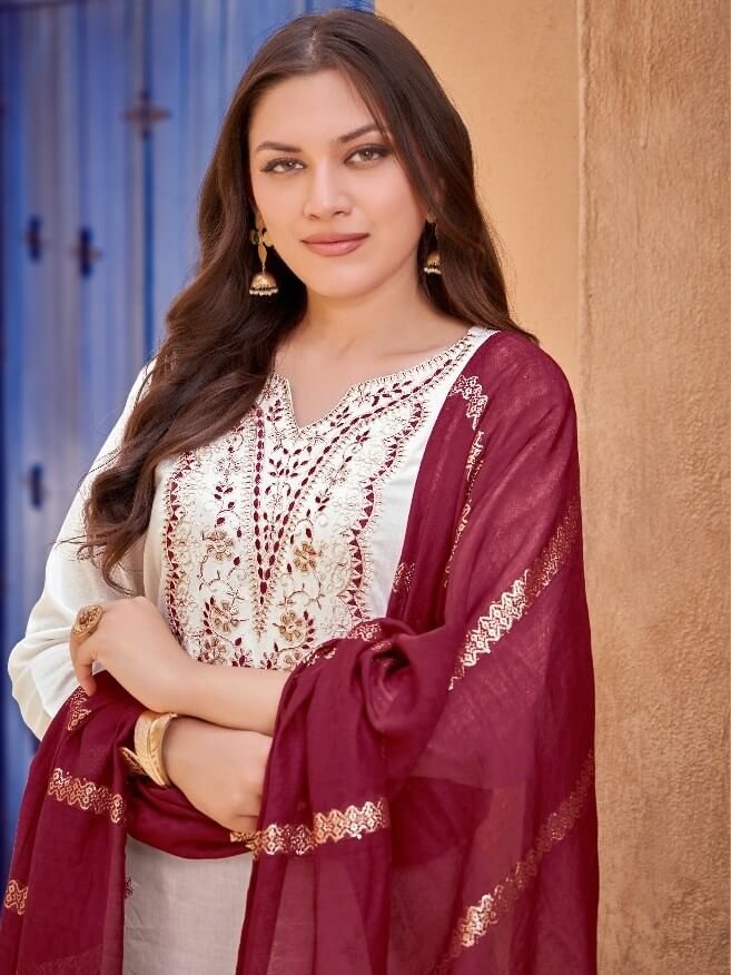 Step Into Fabulous with Off White And Maroon Rayon Embroidered Sharara Kurti Set image 2