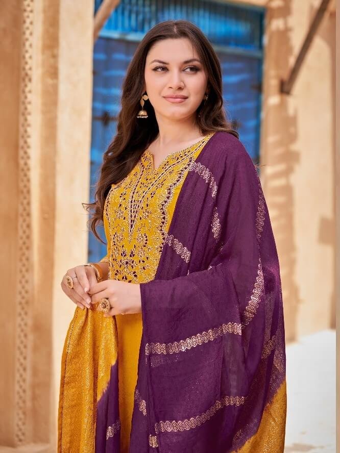 Style It Up with Yellow And Wine Rayon Embroidered Sharara Kurti Set image 2