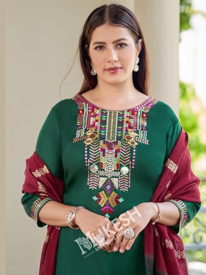 Get Stylish with Green And Maroon Embroidered Rayon Palazzo Suit image 2