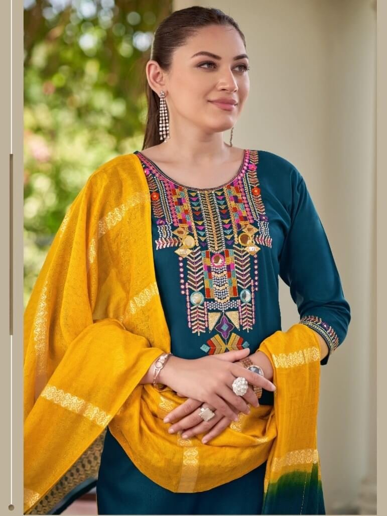 Elevate Your Look with Blue And Yellow Embroidered Rayon Palazzo Suit image 2