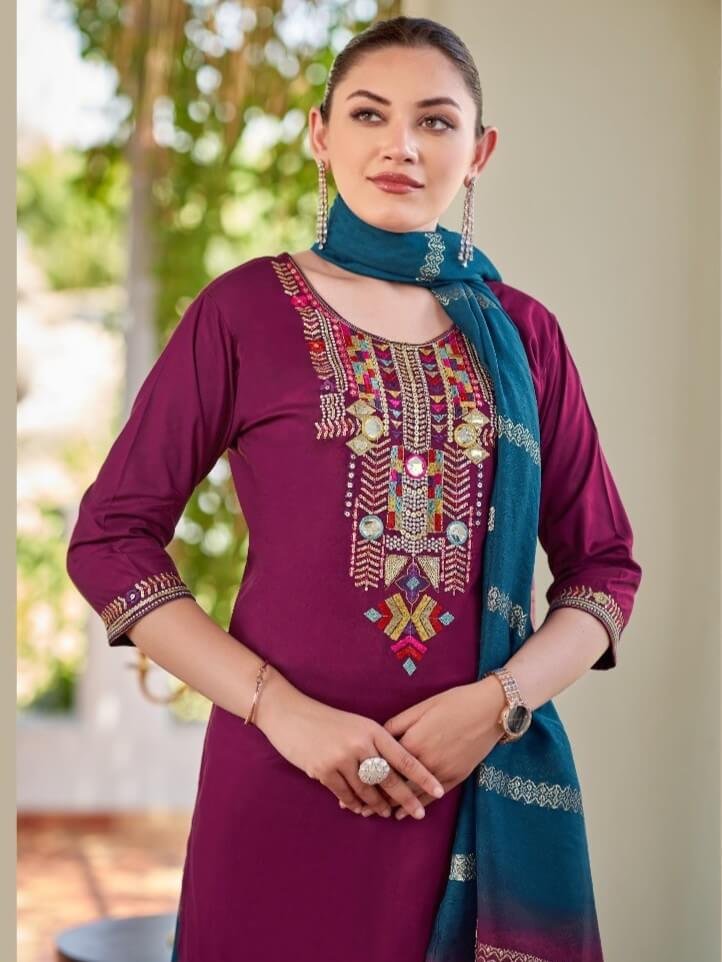 Style It Up with Maroon And Blue Embroidered Rayon Palazzo Suit image 2