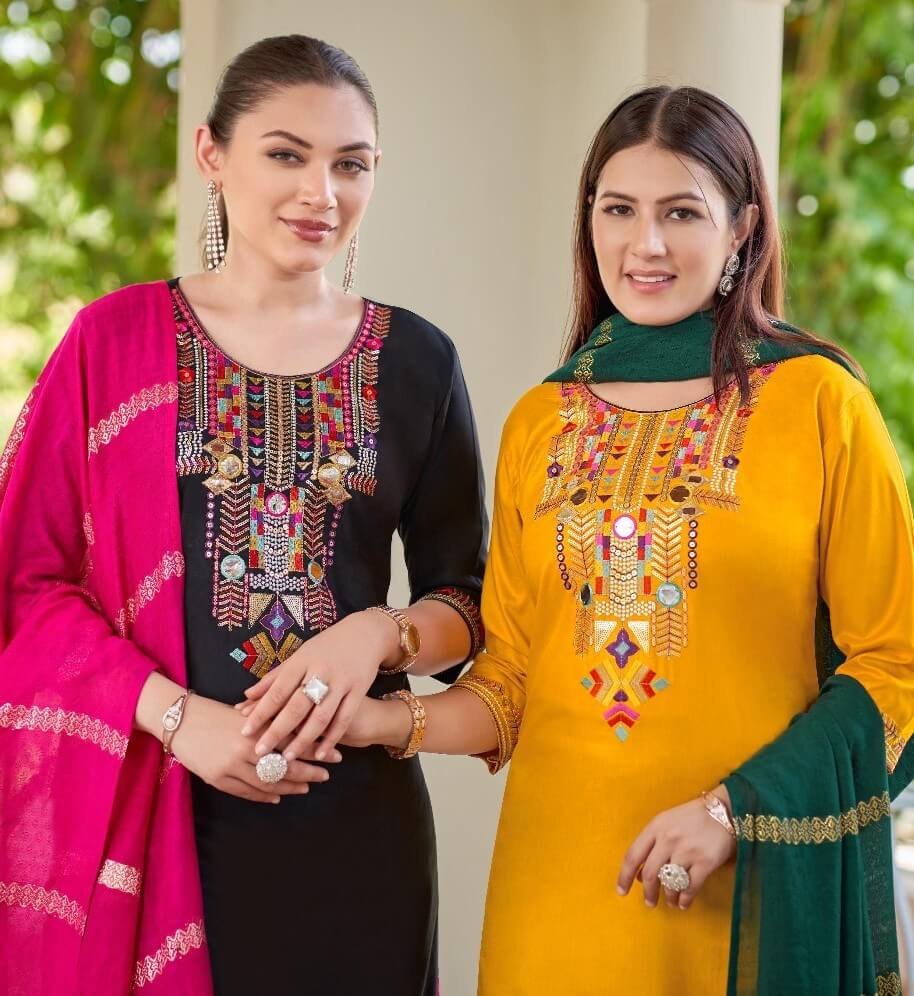 Time to Shine with Yellow And Green Embroidered Rayon Palazzo Suit image 2