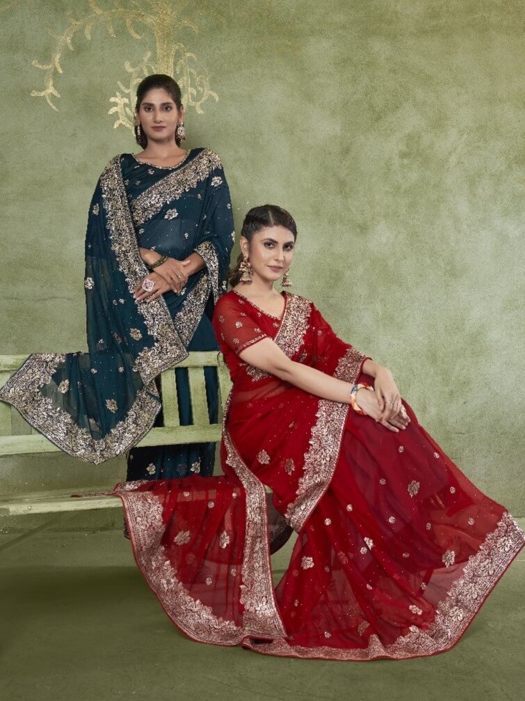 Chic and Sleek with Teal Blue Embroidered Chiffon Saree With Butti Work image 3