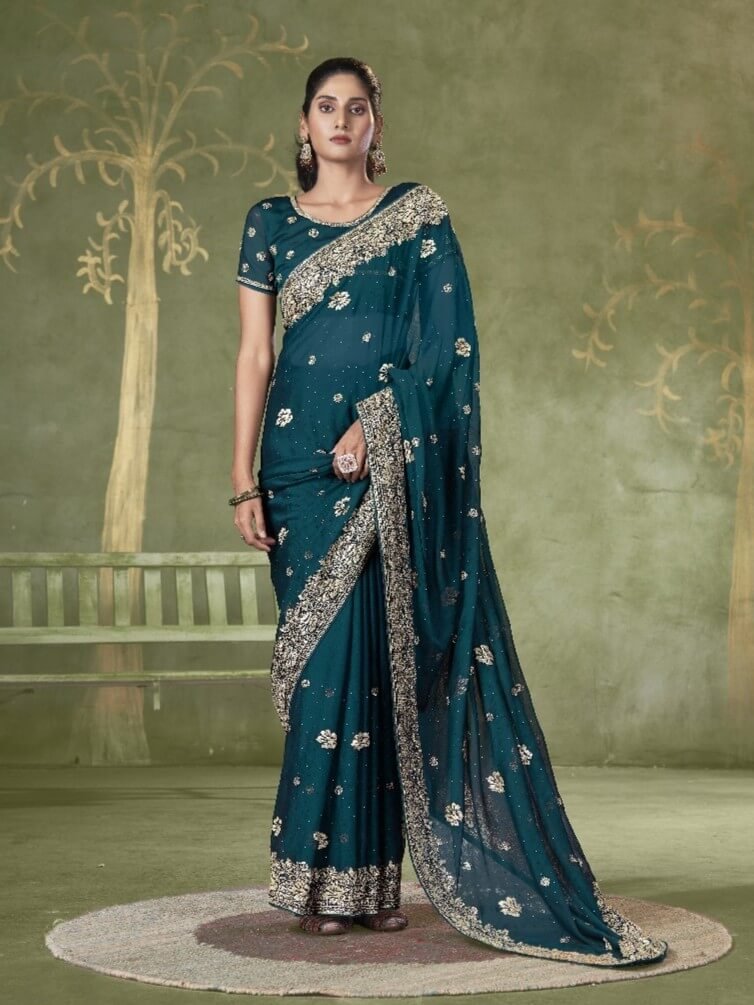 Chic and Sleek with Teal Blue Embroidered Chiffon Saree With Butti Work image 2