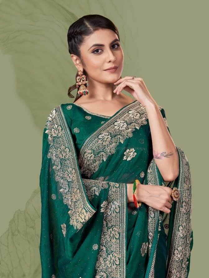Time to Shine with Teal Green Embroidered Chiffon Saree With Butti Work image 2