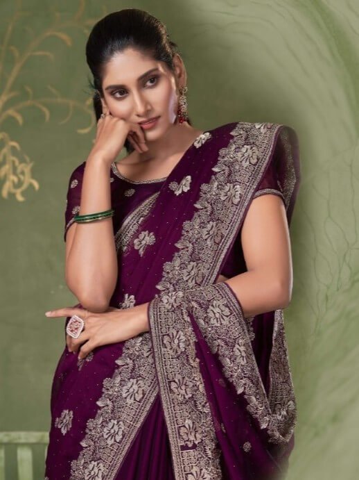 Feel the Glamour with Wine Embroidered Chiffon Saree With Butti Work image 2