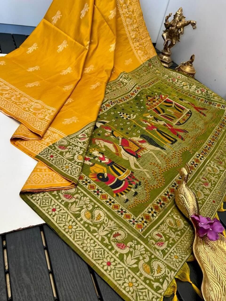Step Into Fabulous with Mustard Yellow Raw Silk Saree With Contrast Pallu image 2
