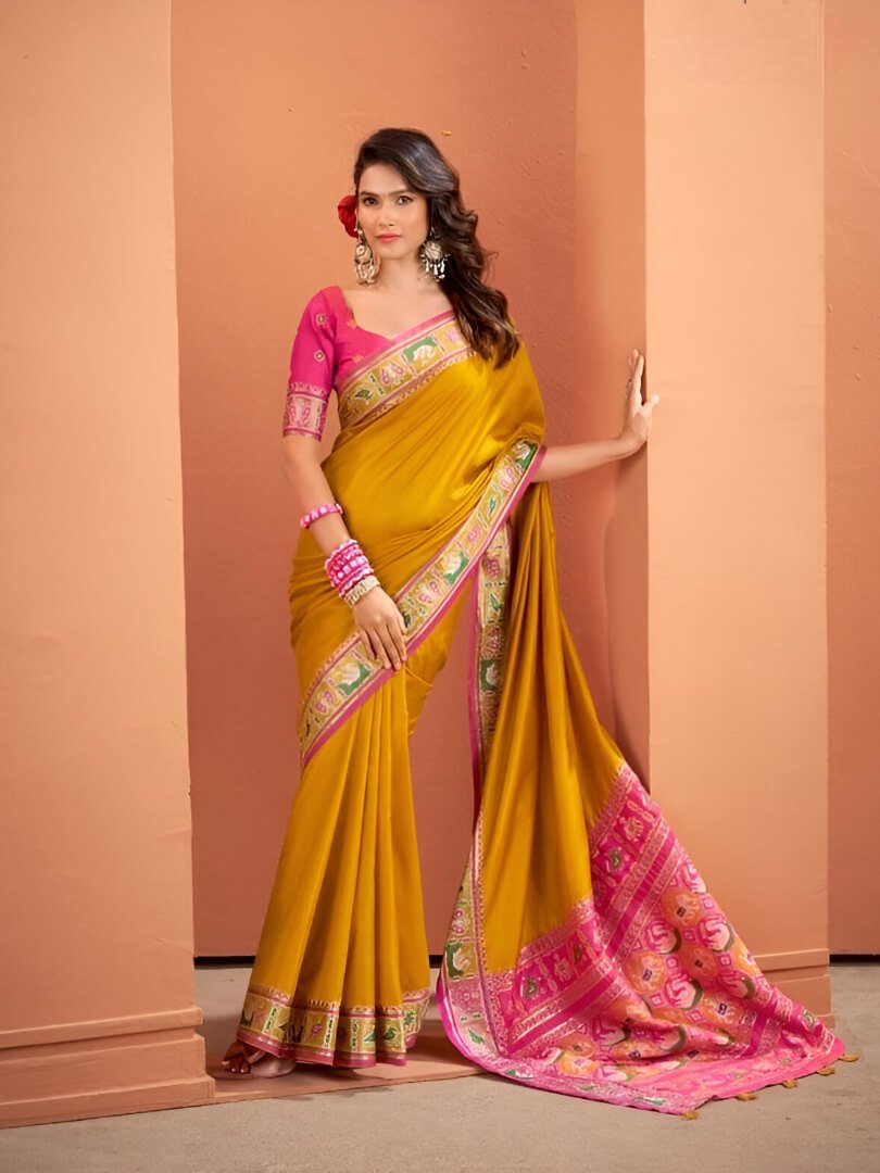Step Into Elegance with Mustard Yellow Zari Woven Banarasi Patola Silk Saree image 2