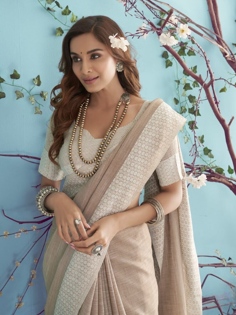 Get Stylish with Brown Linen Silk Saree With Chikankari Weaved Border image 3