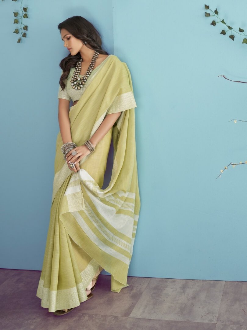 Get Your Glam On with Green Linen Silk Saree With Chikankari Weaved Border image 2