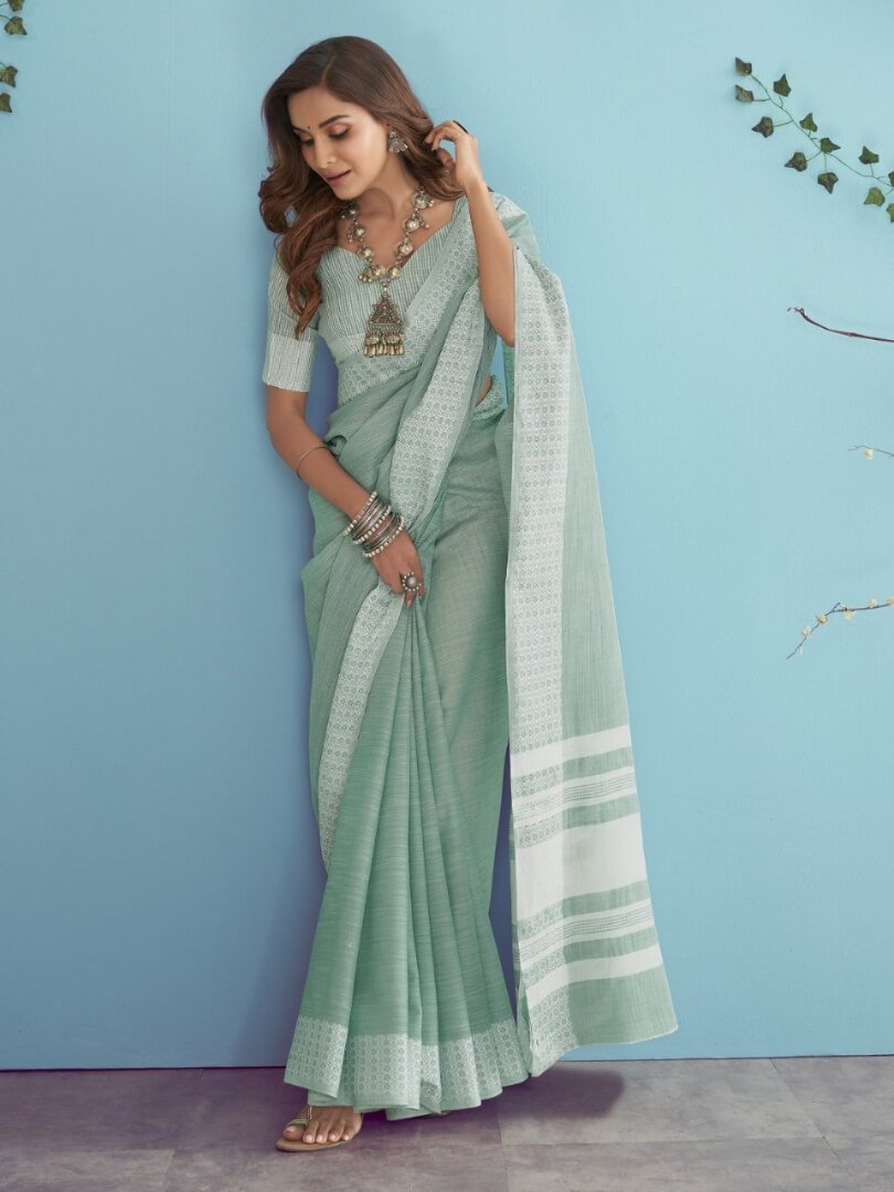 Enhance Your Essence with Mint Green Linen Silk Saree With Chikankari Weaved Border image 2