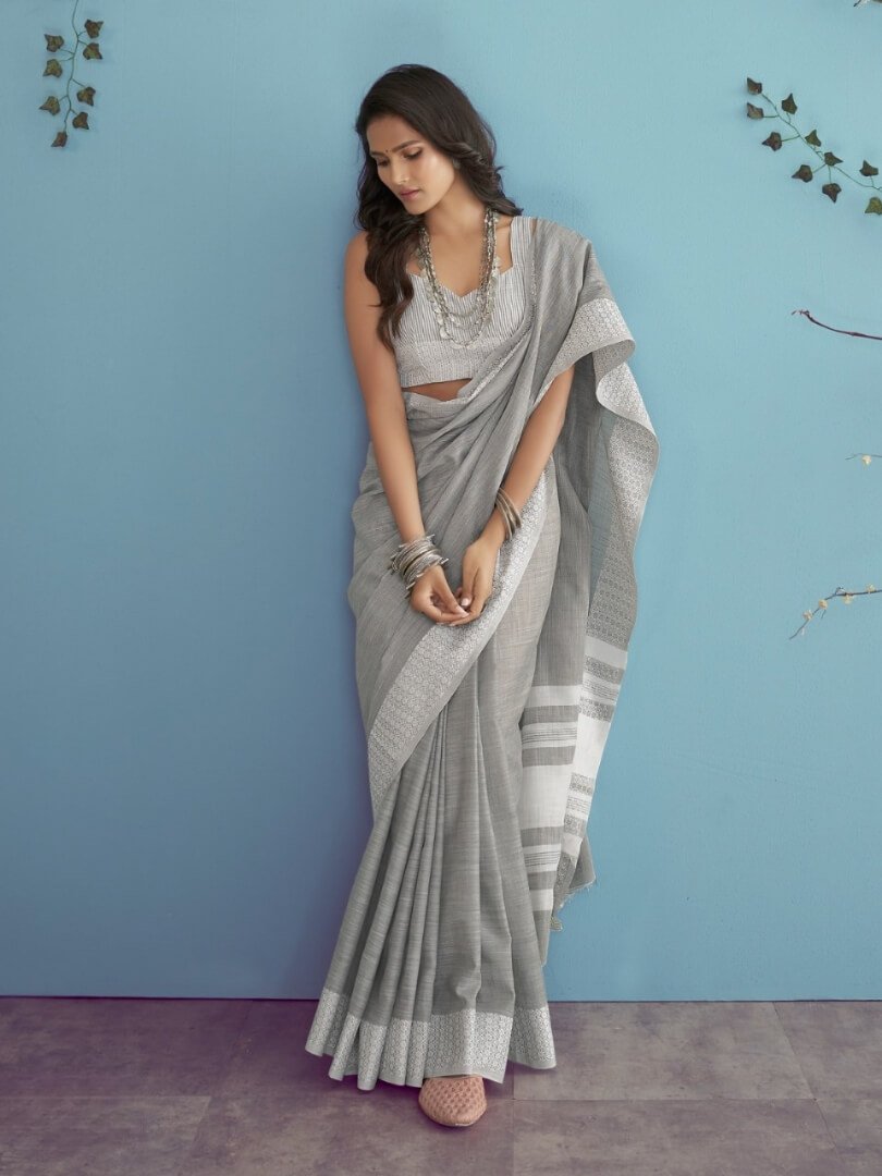 Enhance Your Essence with Grey Linen Silk Saree With Chikankari Weaved Border image 2