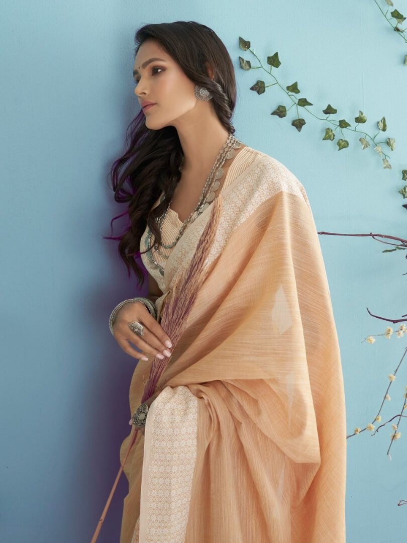Elevate Your Look with Tan Linen Silk Saree With Chikankari Weaved Border image 2