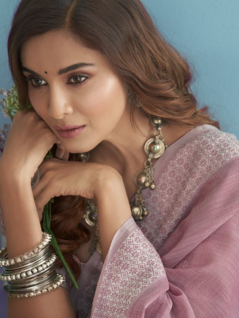 Feel the Glamour with Pink Linen Silk Saree With Chikankari Weaved Border image 3