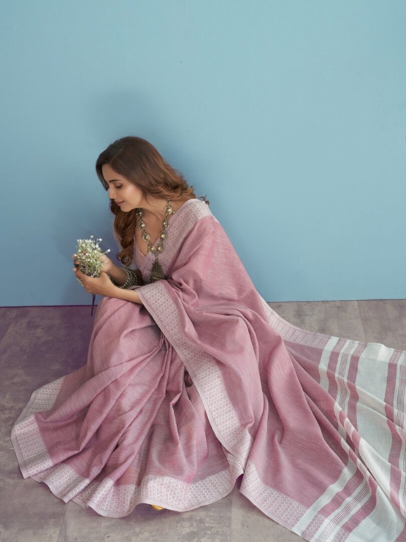 Feel the Glamour with Pink Linen Silk Saree With Chikankari Weaved Border image 2