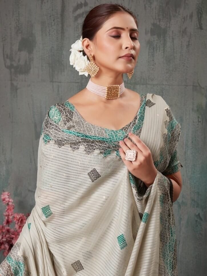 Turn Up the Glam with White Chiffon Saree With Matching Blouse Piece image 2